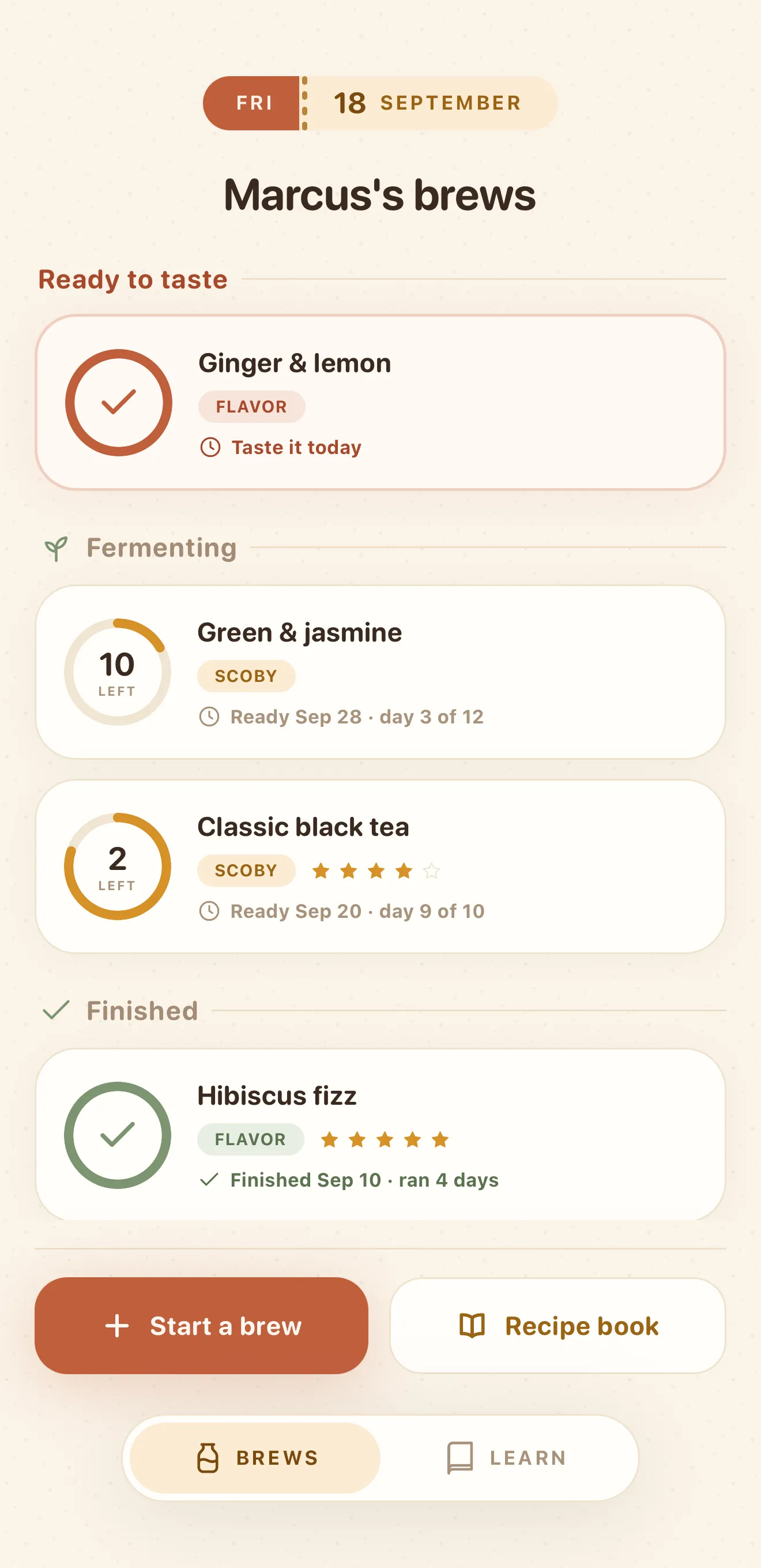 The brews screen showing one batch ready to taste, two fermenting with countdown rings, and one finished with a rating.