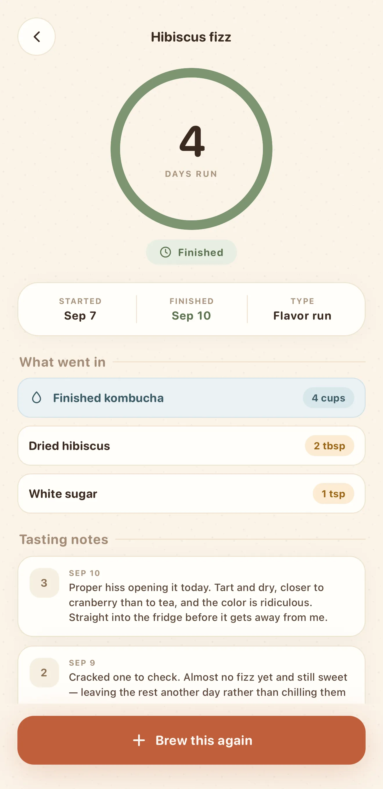 A finished flavor run showing four days run, what went in, tasting notes, and a Brew this again button.