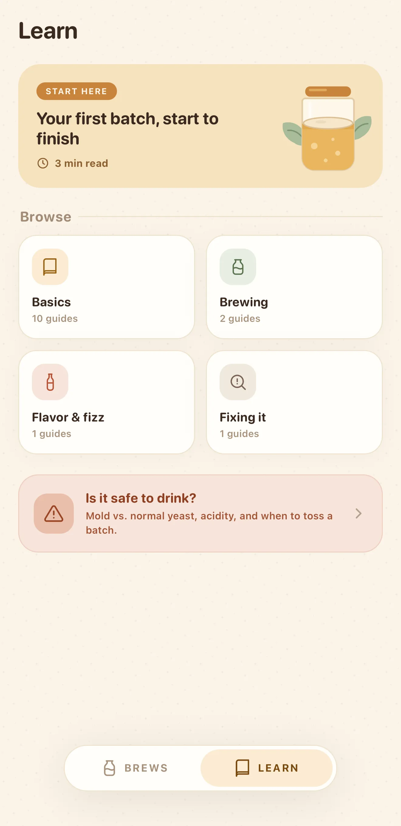 The Learn screen with a first-batch article, four categories, and a safety entry point asking is it safe to drink.